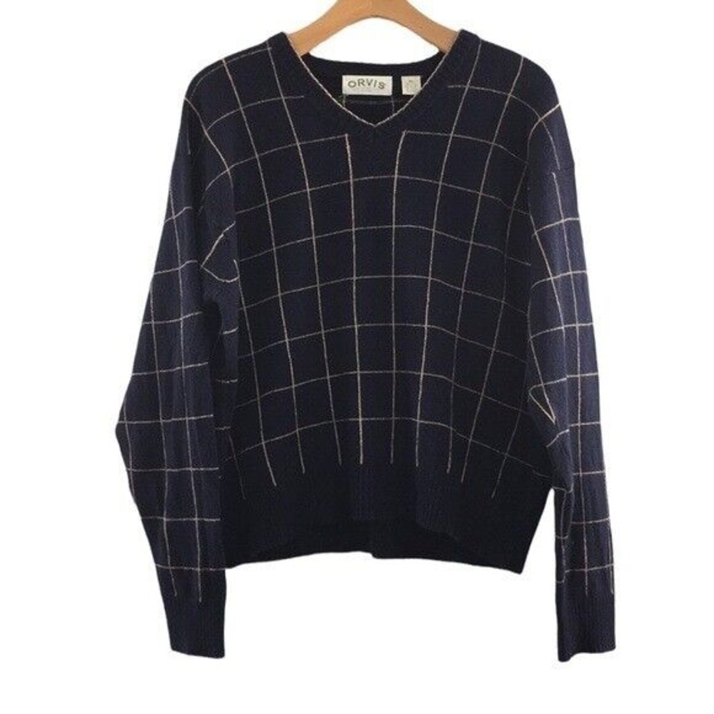 Orvis Navy Cream Knit Windowpane Check Wool Sweater Mens XL V Neck Pullover‎